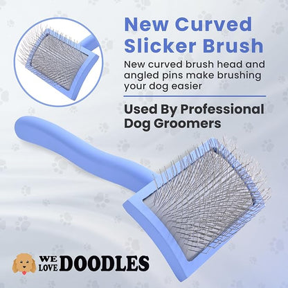 We Love Doodles Medium Curved Slicker Brush and Scissors Kit- Soft Pin Goldendoodle Brush and Dog Scissors - for Dematting & Shedding - Made in USA