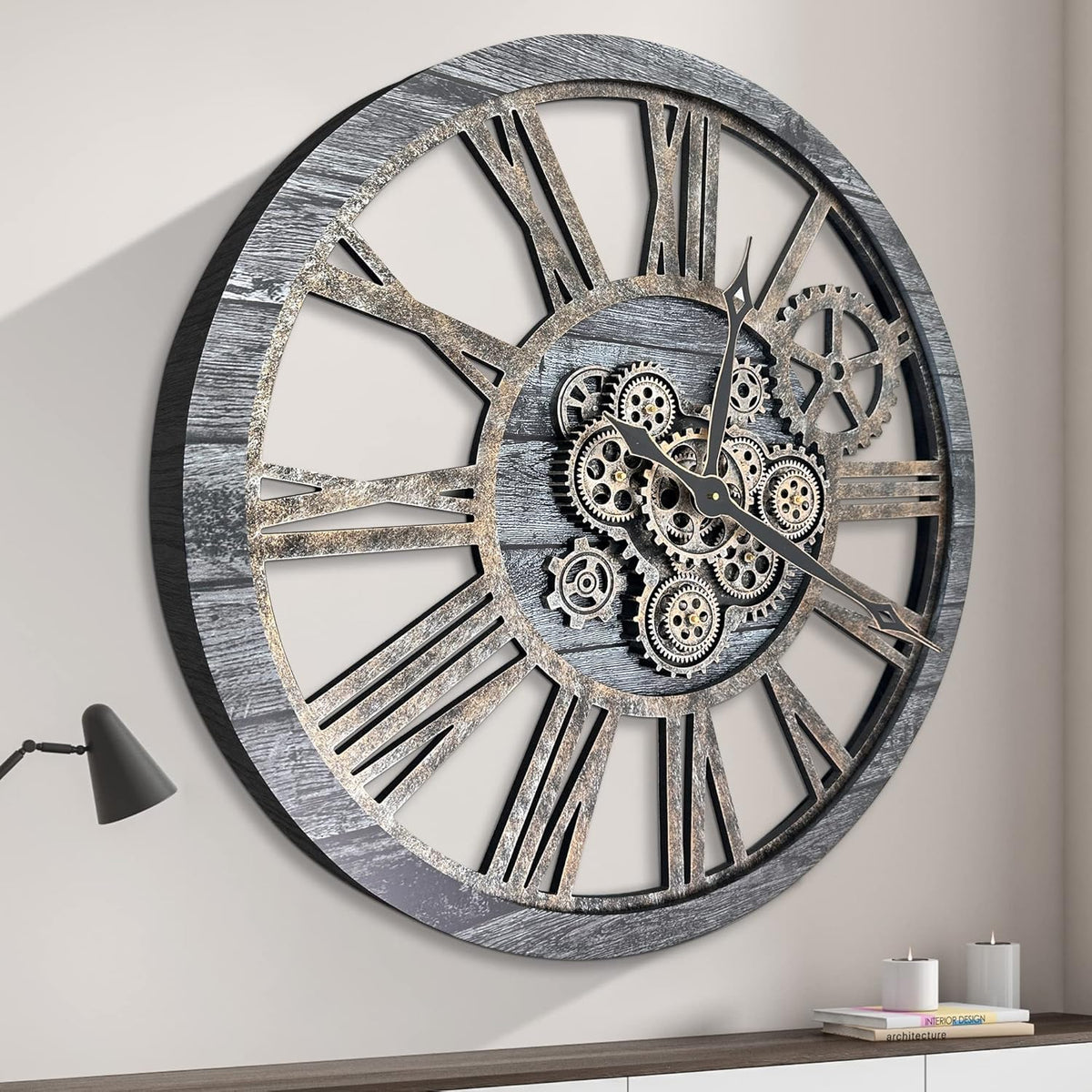 HOIBAI Large Wall Clock, Wall Clocks for Living Room Decor 36 Inch Farmhouse Vintage Rustic Kitchen Wall Decor Vintage Roman Oversized Wall Clock for Home Bedroom House, Moving Gears Clock
