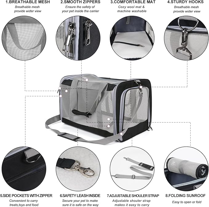 Pet Carrier for Large Cats of 20 Lbs, Collapsible Carrier Bag for Big Cat or 2 Kittens,Soft Sided Puppy Carrier with Sturdy Travel Transport Strap, Adequate Ventilation, 4 Mesh Windows (Black)