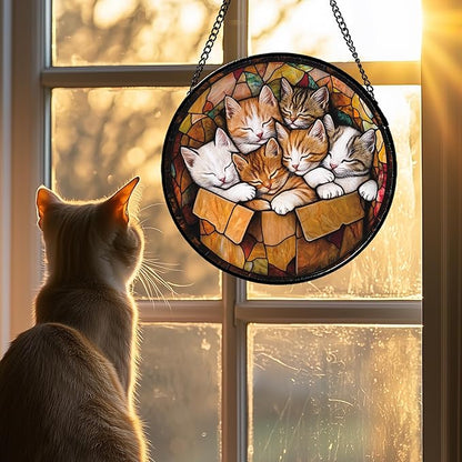 Stained Glass Window Hanging 6 Cute Kittens Large 11.8" - Cat Gift Suncatcher Door Sun Catcher Decor Birthday Christmas for Lost Pets Mom Men Woman Friend