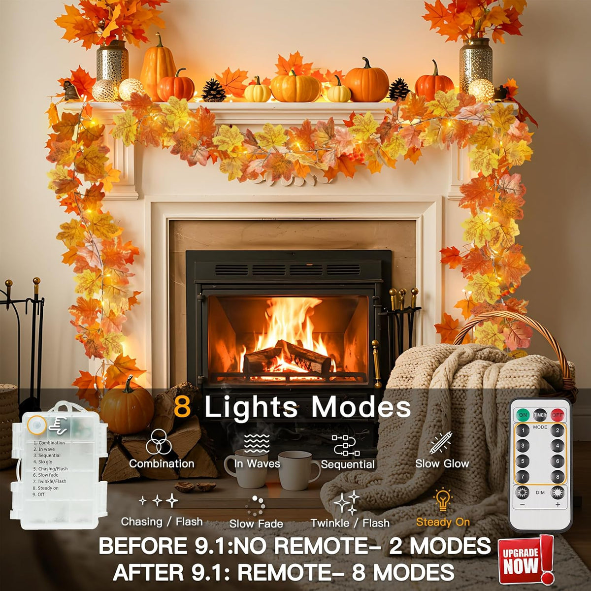 suddus Fall Leaves Garland with Lights, 20LED Battery Operated Fall Lights with Timer, Fall Decoration for Home, Table, Mantle, Office, Outdoor, Autumn, Halloween, Yellow