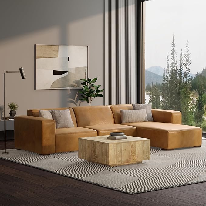 SIMPLIHOME Rex Right-Facing Modular Sectional Sofa in Full-Grain Genuine Leather, Sienna, 122-inches Wide, Handcrafted Modern-Style 4-Seater L-Shaped Leather Couch with Right Chaise for Living Room
