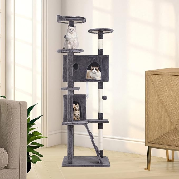 BestPet | 70" Cat Tree Tower | Light Gray | Sturdy, Easy to Assemble, Multi-Level Activity Center with Sisal Scratching Posts, Condos, Perches, Hanging Cat Toys, Observation Decks & Ladder