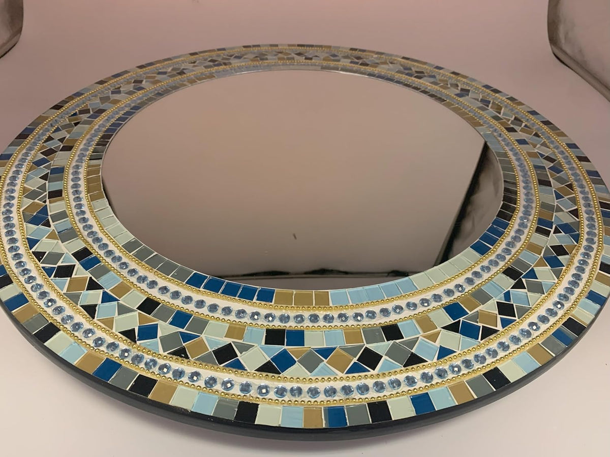 Mosaic Mirror, Wall Art Décor – Handcrafted Decorative Wall Mirror, Light and Navy Blue, Brown, Gray, and Black Round Mosaic