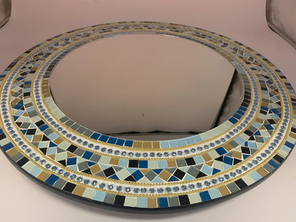 Mosaic Mirror, Wall Art Décor – Handcrafted Decorative Wall Mirror, Light and Navy Blue, Brown, Gray, and Black Round Mosaic
