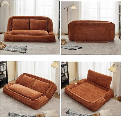 Foldable Lazy Sofa Bed, Double Human Dog Bed for Adults, Orange | Skin-friendly Breathable Soft Chenille Upholstered, 5 Adjustable Backrest Positions, 3 Soft Cushions for Living Room