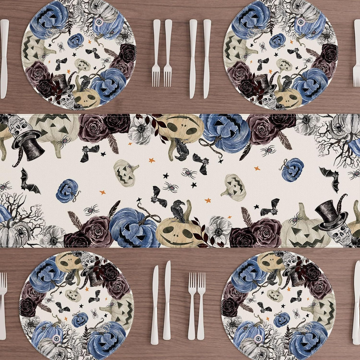 XCHI Spooky Blue Pumpkin Halloween Round Placemats Set of 4 Table Mats for Party Home Kitchen Dining Table Decorations 14x14 Inch