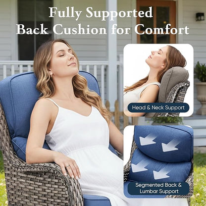 Belord Luxury 6" Thick Cushioned 5 Pieces Patio Furniture Set with Fire Pit Table, Wicker Outdoor Conversation Set with High Back Swivel Rocker Chairs for Deck Porch Yard and Poolside - Grey+Blue