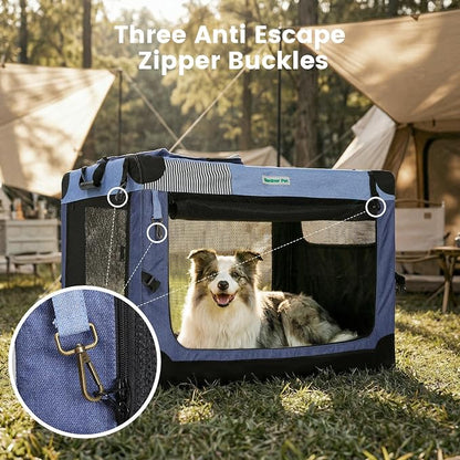 Gardner Pet Soft Collapsible Dog Crate - 26 Inch Portable Travel Dog Crate for Puppy/Small Dogs Indoor & Outdoor, 3-Door Pet Crate with Durable Mesh Windows & Storage Bag, Blue