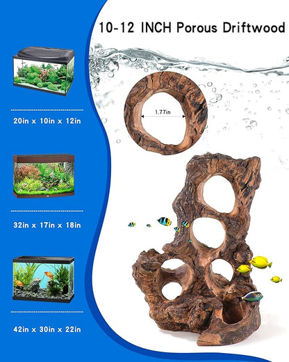 Aquarium Driftwood Fish Cave for Betta Fish Shrimp Hideout,10-12" Natural Porous Driftwood for Aquascaping with Low Tannins,Reptiles Shelter Fish Tank Decoration with Protein Cotton(No need to boil)