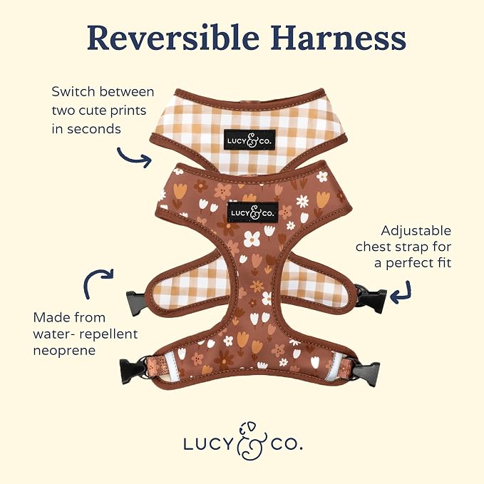 Lucy & Co. Reversible Dog Harness - Water-Repellent Neoprene, Dual-Print Design, Easy Swap Style, Adjustable Comfort Fit - Chocolate Meadows Reversible Harness - Large