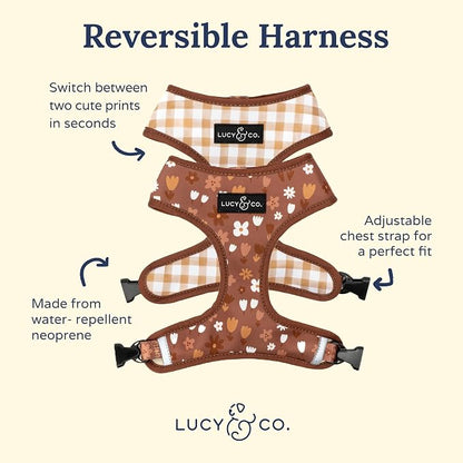 Lucy & Co. Reversible Dog Harness - Water-Repellent Neoprene, Dual-Print Design, Easy Swap Style, Adjustable Comfort Fit - Chocolate Meadows Reversible Harness - Large
