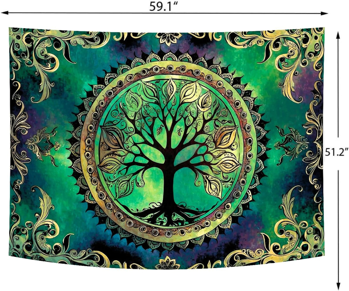 Delur Tree of Life Tapestry Green Nature Bohemian Mandala Spiritual Tapestry Wall Hanging Mystical Landscape Hippie Psychedelic Headboard for Bedroom Living Room Home Decor (51.2" x 59.1")