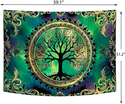 Delur Tree of Life Tapestry Green Nature Bohemian Mandala Spiritual Tapestry Wall Hanging Mystical Landscape Hippie Psychedelic Headboard for Bedroom Living Room Home Decor (51.2" x 59.1")