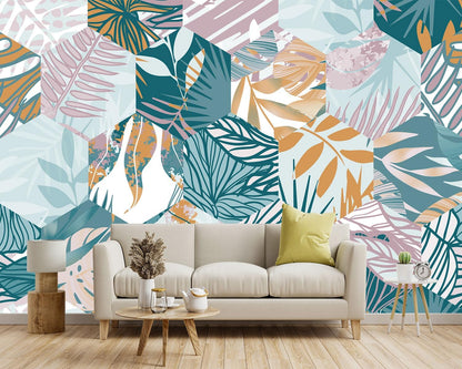 -Abstract Geometry Botanical Banana Leaf Fabric Wallpaper Living Room Bedroom Bathroom Tropical Plant Leaf Large Wall Mural- 137"x96"（ not Peel and Stick）