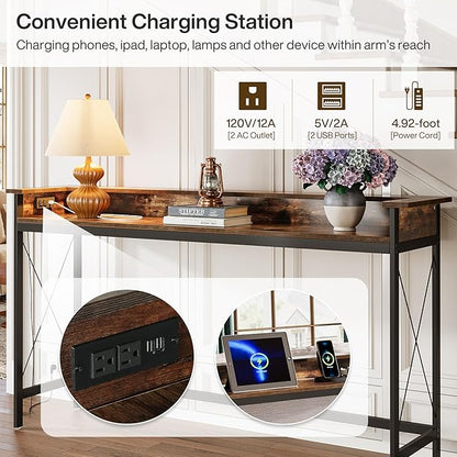 Tribesigns Sofa Table with Outlets and USB Ports, 70.9 inch Extra Long Console Table Behind Couch with Charging Station, Industrial Narrow Entryway Hallway Accent Table for Living Room