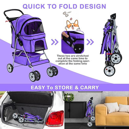 4 Wheels Pet Stroller Waterproof,Travel Stroller for Small Medium Dogs & Cats,Easy Fold with Removable Liner,Storage Basket,Purple