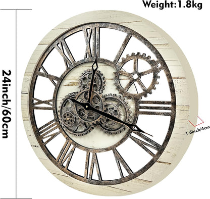 The B-Style Large Wall Clock 24 inch Moving Gear Wall Clock Oversized Vintage Farmhouse Wall Clocks for Living Room Decor Rustic Industrial Wood Clock (Desert Beige, 24 inch/60cm)
