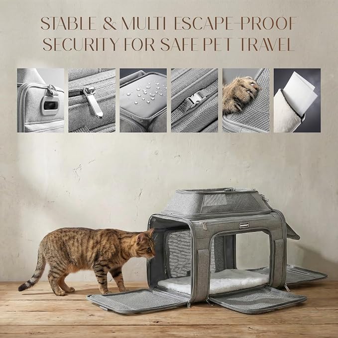Top-Expandable Pet Carrier with Treat Pet Window,18x13x9.5 Airline Approved | for Southwest Frontier,Soft-Sided Dog Carrier, Anti-Scratch Mesh, Lockable Zippers,Cat Carrier for Kitten,Rabbit,Puppy, Grey
