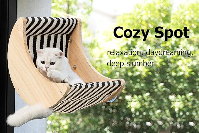 Window Cat Beds for Indoor Cats Perches Moon Shelves Mounted with Strong Suction Cups Cat Window Seat for Sleep and Watch Birds(Stripe)