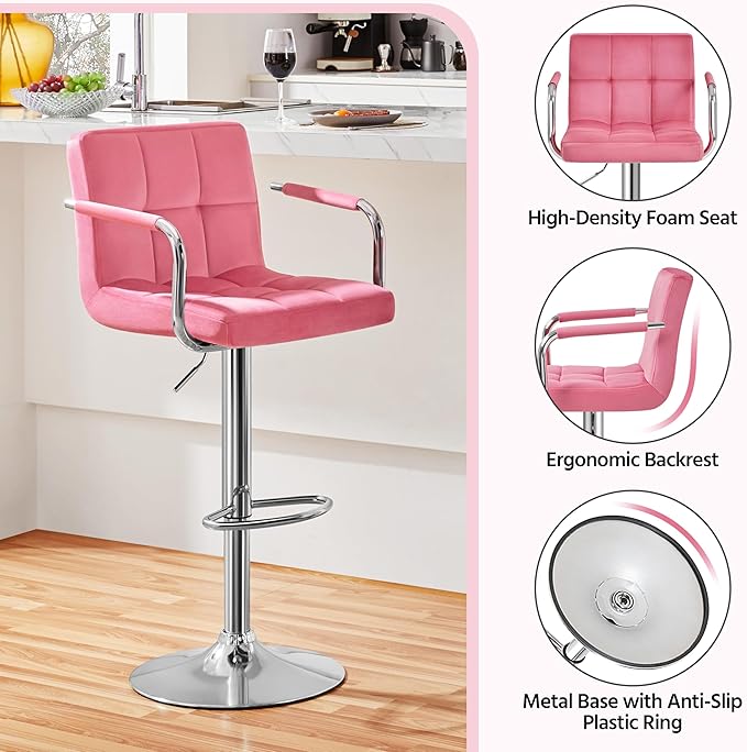 Yaheetech Bar Stools Set of 4, Velvet Fabric Swivel Barstools, Height Adjustable Counter Chairs, Modern Stools with Back for Bar Kitchen Island Dining Room, Pink