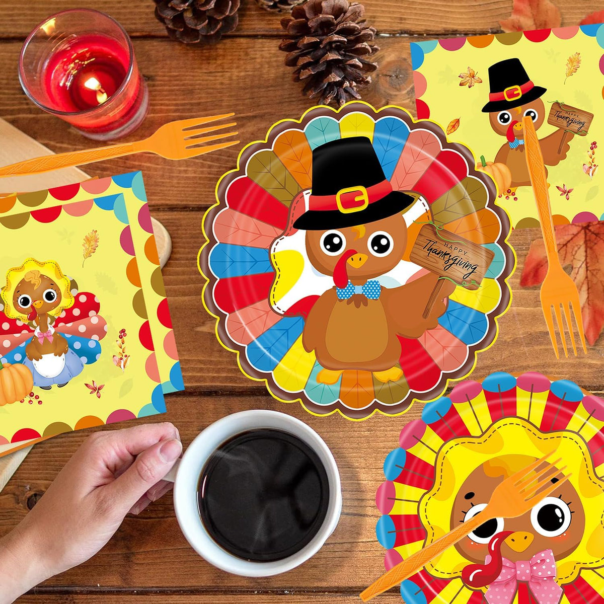 Turkey Thanksgiving Party Supplies - 96 Pcs Fall Decorations Set With Paper Plates, Napkins, Forks - Autumn Disposable Tableware for Harvest Party