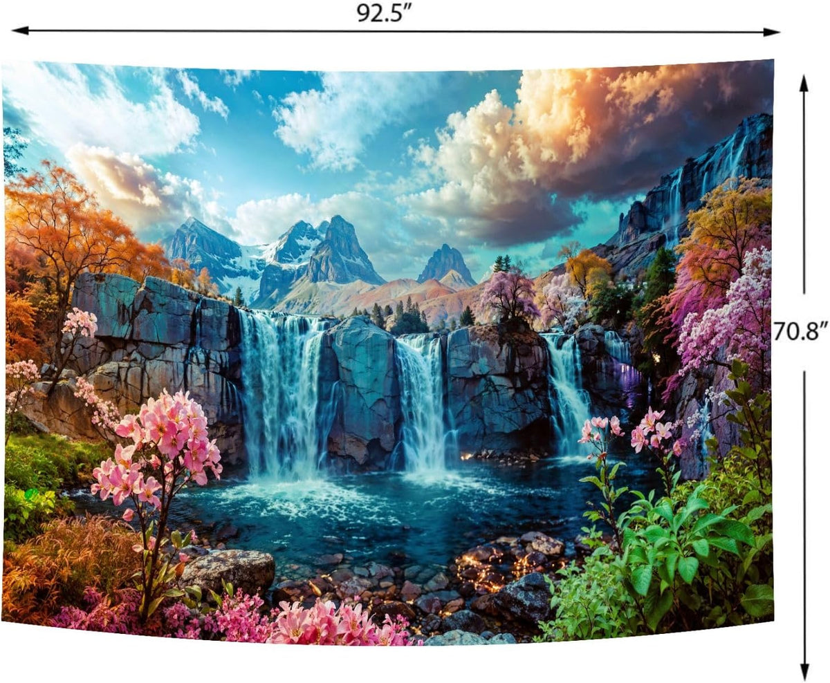 Delur Waterfall Tapestry Tropical Forest Mountain Sunset Tree Wall Hanging Tapestry Scenic Rainforest Landscape Nature Sunrise Headboard for Bedroom Living Room Home Decor (70.8" x 92.5")