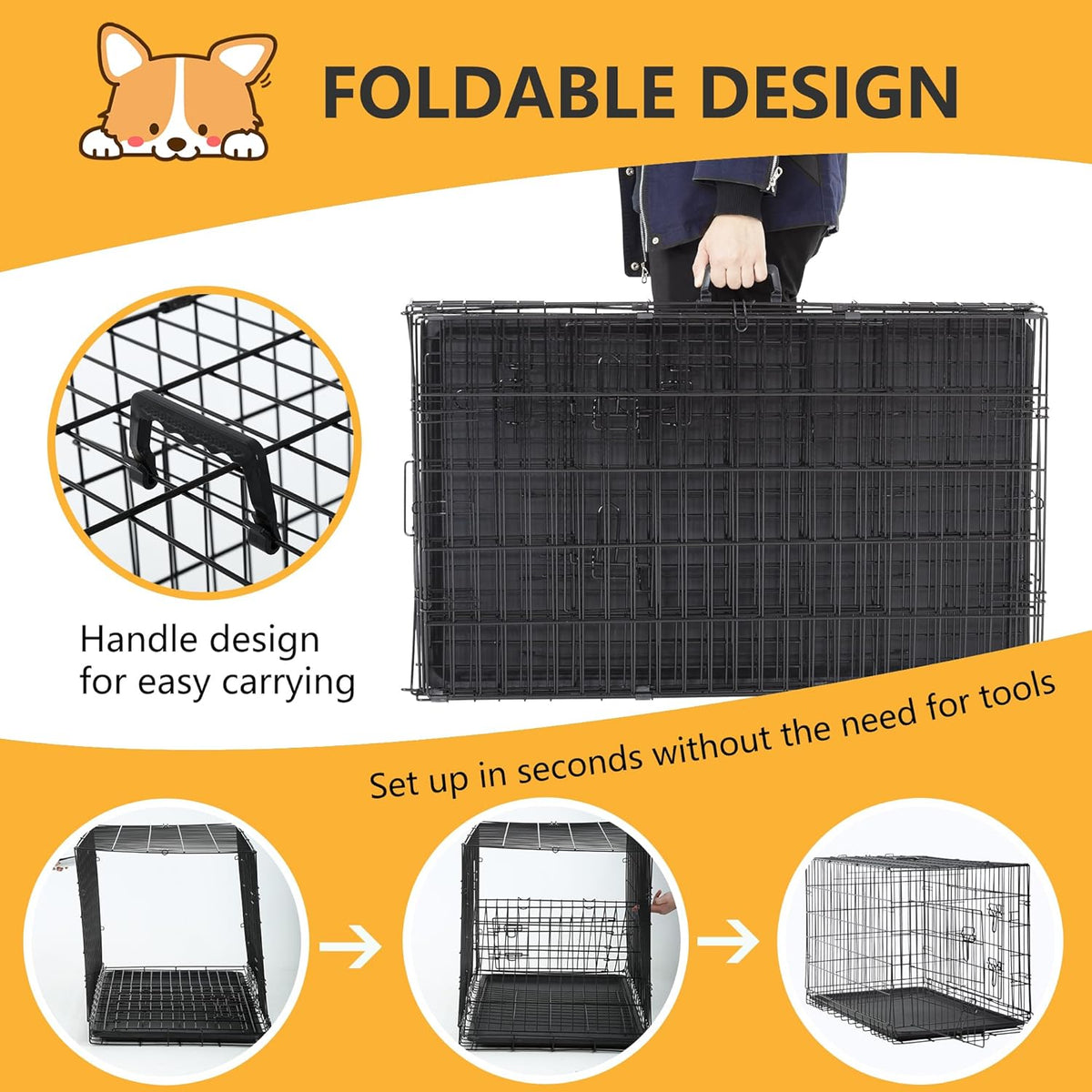 FDW Dog Crate Dog Kennel Cage with Double Door,36 inch Folding Metal Wire Dog Cage with Removable Tray&Divider Panel,Pet Crate for Medium Dogs,Black