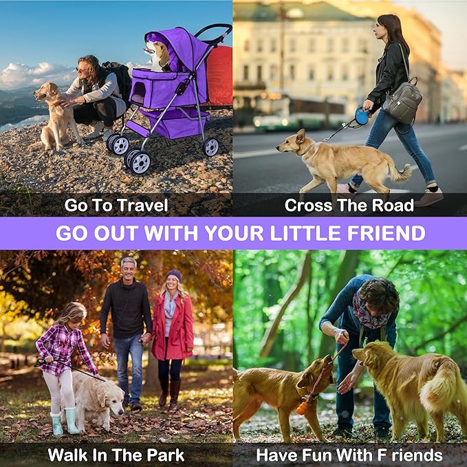 4 Wheels Pet Stroller Waterproof,Travel Stroller for Small Medium Dogs & Cats,Easy Fold with Removable Liner,Storage Basket,Purple