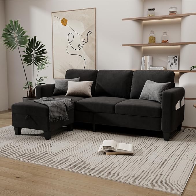 Sectional and Sofa Couches for Living Room, 3-Seater L-Shaped Sofa with Storage Ottoman, Pet-Friendly Washable Velvet Linen Fabric, Convertible Couches for Small Apartments, Bedroom (Black)