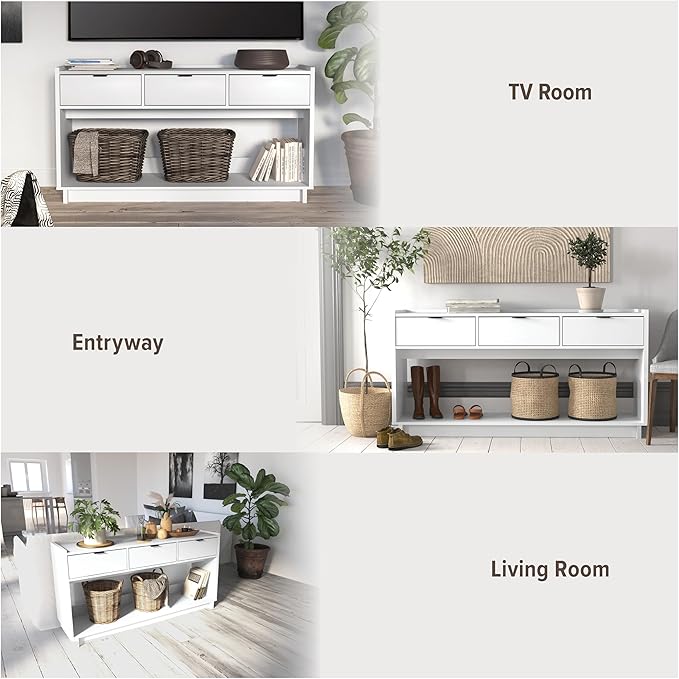 Prepac White Simply Modern Entryway Table, Narrow Console Table with 3 Drawers, Media Console with Storage, 15.75" D x 60.25" W x 32" H