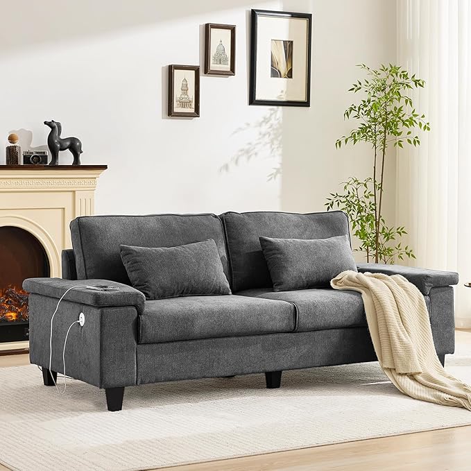 3 Seater Couch for Living Room, 79'' Comfy Deep Seat Sofa with Adjustable Armrests & USB/Type-C Charging Ports, Mid Century Modern Couch for Bedroom, Home Office,Gray
