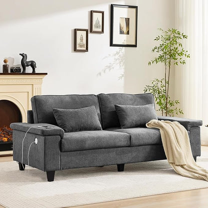3 Seater Couch for Living Room, 79'' Comfy Deep Seat Sofa with Adjustable Armrests & USB/Type-C Charging Ports, Mid Century Modern Couch for Bedroom, Home Office,Gray