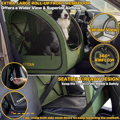 PAWZIDEA Portable Dog Crate for Car Travel, Medium & Large Dogs Up to 80lbs | Soft-Sided Dog Car Kennel for Backseat, Secures Seatbelt & Headrest Strap, Collapsible Enclosed Car Seat Carrier, Chew-Proof