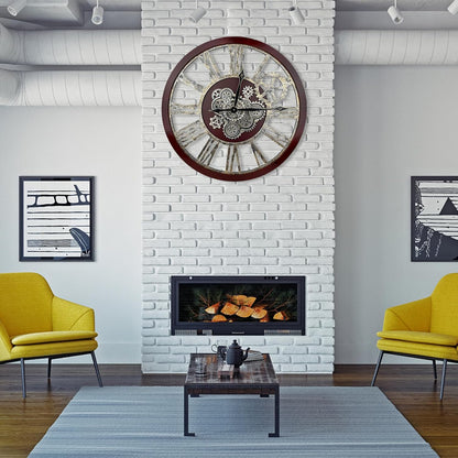 The B-Style Large Real Moving Gears Wall Clock 30 inch Rustic Retro Industrial Farmhouse Wood Clock Oversized Decorative Vintage Wall Clocks for Living Room (Black walunt Wood and Bronze)