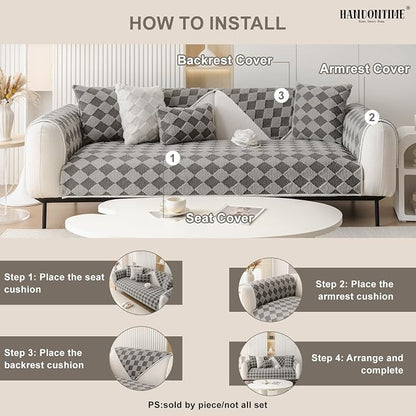 HANDONTIME Non-Slip Pet Couch Cover Washable, Plush Faux Fur Couch Protector for Cushion Pet-Friendly Sofa Covers for Dogs, Checkered Diamond Sectional Covers Dog Mat for Sofa (Grey, 35.6" x 82.7")