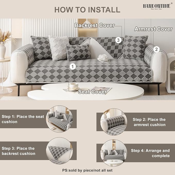 HANDONTIME Non-Slip Pet Couch Cover Washable, Plush Faux Fur Couch Protector for Cushion Pet-Friendly Sofa Covers for Dogs, Checkered Diamond Sectional Covers Dog Mat for Sofa (Grey, 35.6" x 63")