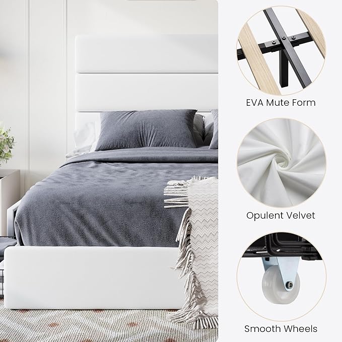 SHA CERLIN Full Size Platform Bed Frame with 4 Storage Drawers, Velvet Upholstered Headboard, Mattress Foundation with Wooden Slats Support, No Box Spring Needed, Easy Assembly, White