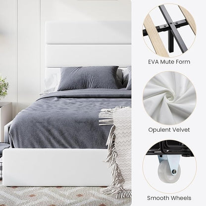 SHA CERLIN Full Size Platform Bed Frame with 4 Storage Drawers, Velvet Upholstered Headboard, Mattress Foundation with Wooden Slats Support, No Box Spring Needed, Easy Assembly, White