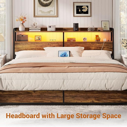 Aheaplus Headboard for King Size Bed Frame, Headboards with Outlets, USB Ports and LED Light, Head Board with Storage, Height Adjustable, Sturdy and Stable Headboard, King Size, Rustic Brown