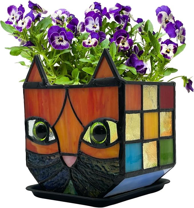 Stained Glass Cat Planter,Indoor Plant Pots with 6mm Drainage Hole, Cute Flower Pots for Plants, Orange Cat Gifts for Women,Small Decorative Planters for Indoor Plants
