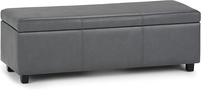 SIMPLIHOME Avalon 48 inch Wide Contemporary Rectangle Storage Ottoman Bench in Stone Grey Vegan Faux Leather, Assembled, For the Living Room, Entryway and Family Room