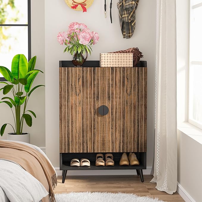 Tribesigns Shoe Cabinet with Doors, 7-Tier Shoe Storage Cabinet with Adjustable Shelves, Wooden Shoes Rack Shoe Storage Organizer for Entryway, Hallway, Closet, Living Room, Rustic Brown
