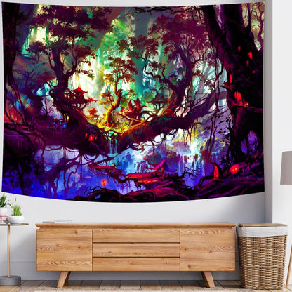 Delur Fantasy Forest Tapestry Mystical Landscape Magical Enchanted Forest Tree Nature Tapestry Psychedelic Wall Hanging Headboard for Bedroom Living Room Home Decor (59.1" x 78.7")