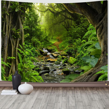 AMM Green Rainforest Tapestry Nature Forest Tapestry for Bedroom Aesthetic Misty Tropical Jungle Trees Flowing Stream Landscape Tapestries Wall Hanging for Living Room Dorm 80 x 60 Inch