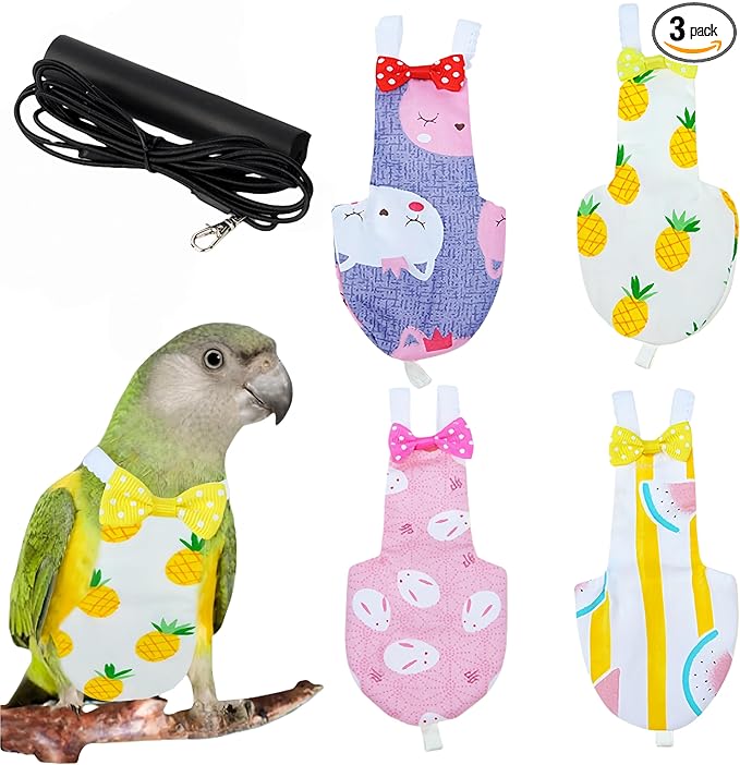2Pcs Bird Diapers Bird Harness Flight Suits Diapers with 80 Inch Flying Leash Parrot Nappy Washable Cute Urine Wet Suit for Cockatiel Conure Macaw Budgies Parakeet-Pineapple&Watermelon,M