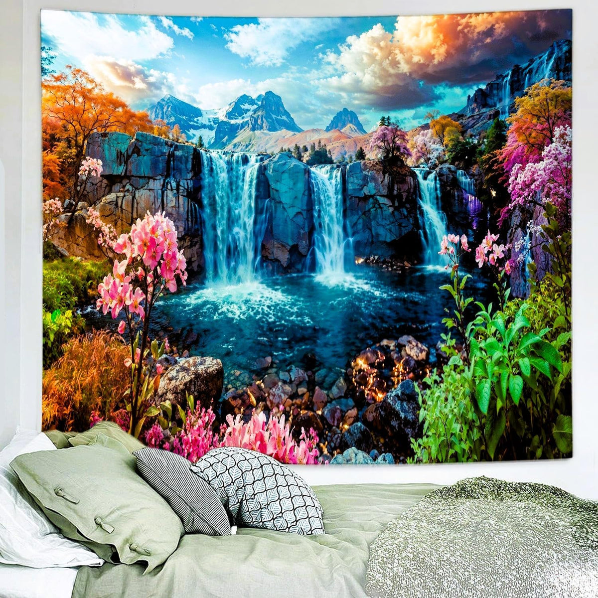 Delur Waterfall Tapestry Tropical Forest Mountain Sunset Tree Wall Hanging Tapestry Scenic Rainforest Landscape Nature Sunrise Headboard for Bedroom Living Room Home Decor (51.2" x 59.1")