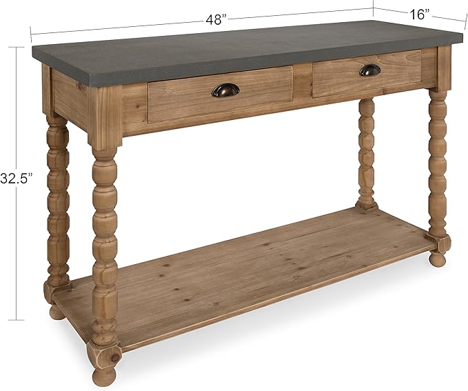 Kate and Laurel Rutledge Farmhouse Chic Two Drawer Console Table, Rustic Wood Base and Concrete Gray Top