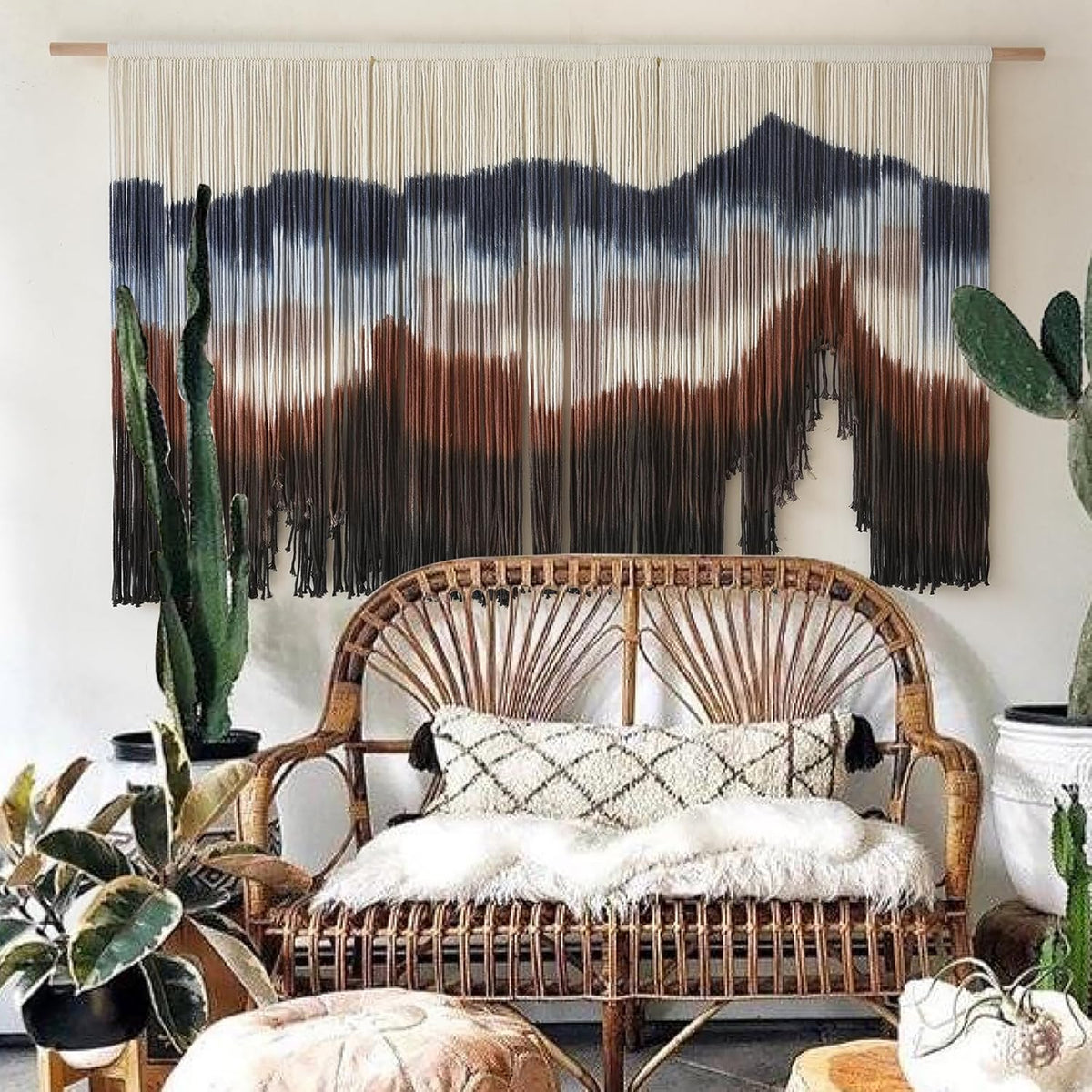 Flber Large Macrame Wall Hanging 57" W x 31" L Handmade Dip Dye Tapestry Bohemian Fiber Art Wall Hanging Mountain Inspired Wall Tapestry Neutral Rustic Wall Decor for Bedroom Living Room
