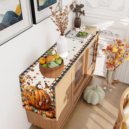 Linen Black and White Buffalo Check Plaid Fall Table Runner 60 Inches Long, Fall Leaves Pumpkin Butterfly Home Kitchen Table Decor, Farmhouse Autumn Thanksgiving Harvest Festival Decorations for Home